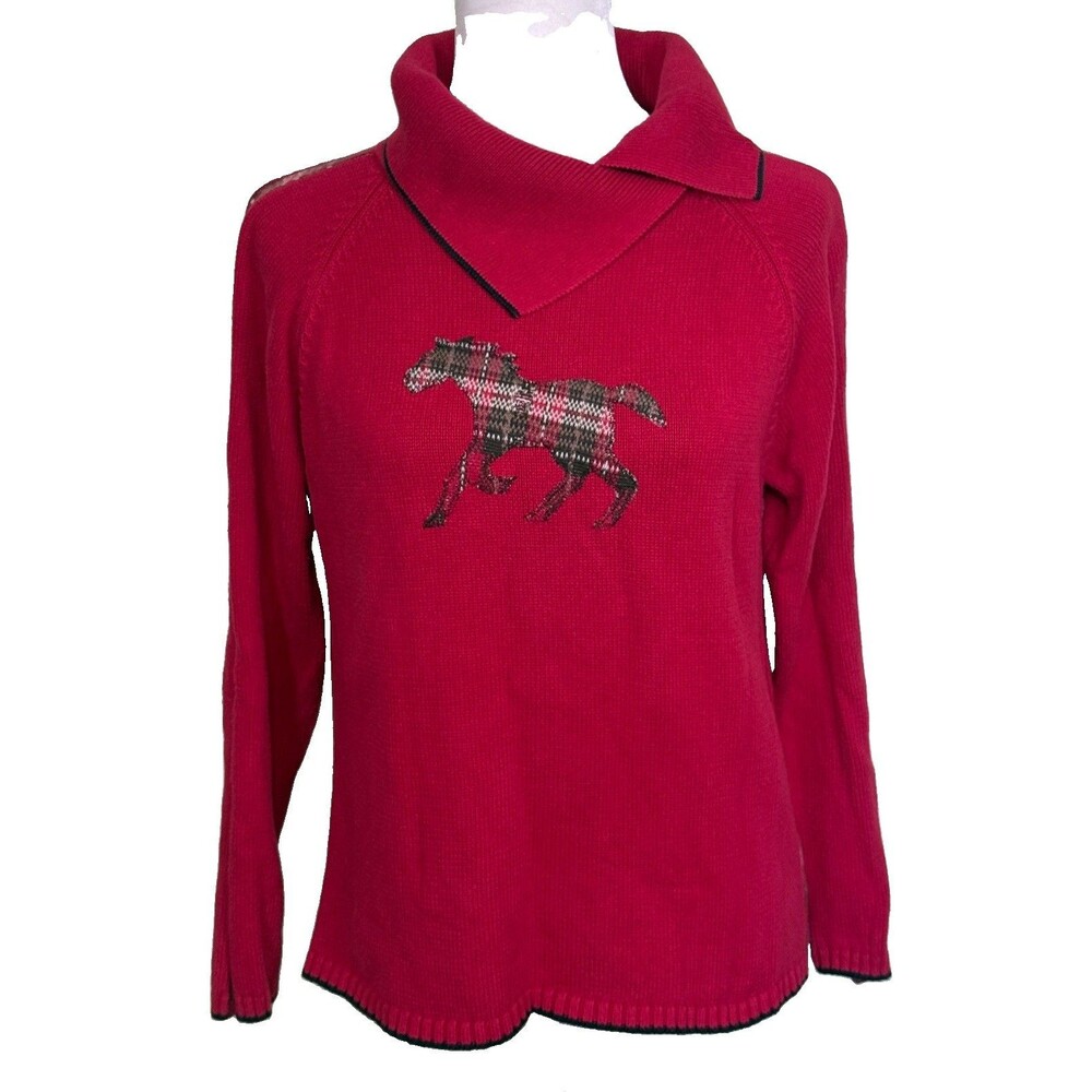 Vintage Y2K Cowl Sweater Red Plaid Horse Cotton Size Medium Preppy Equestrian